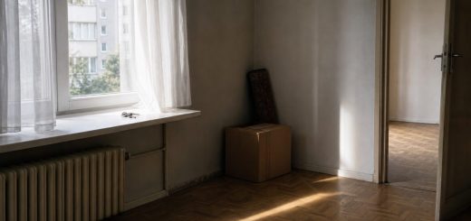 A quiet, unoccupied rented room in a mid-century apartment block, photographed in soft late-morning light. Bare parquet floor with visible grain and small scuffs, plain pale walls, a tall window with thin white curtains lifting slightly in the draft. A single set of worn metal keys rests on the windowsill and catches a small highlight. A folded cardboard box and a rolled rug lean into the corner. Muted palette of warm grey, oak and dusty white, with one narrow band of sunlight crossing the floor. Calm documentary interior photography, 35 mm perspective, grounded depth of field. Use balanced, natural contrast with a realistic tonal range. Preserve fine detail throughout the image, with smooth highlight roll-off, detailed shadows, balanced exposure, and natural, accurate colors.