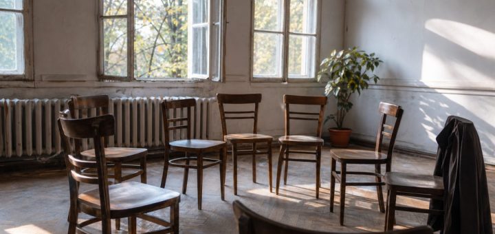 A quiet room in an old Romanian university building, late afternoon in early autumn. Wooden chairs arranged in a loose circle on a worn parquet floor, a few of them turned outward as if people had just stood up. Tall arched windows with peeling white frames let in warm low-angle light that falls across the floor in long bands. Pale plaster walls, a cast iron radiator beneath the window, a single potted plant in the corner, a coat left on a chair back. Fine dust drifting in the light. Documentary photography, 35mm lens, shallow depth of field. Use balanced, natural contrast with a realistic tonal range. Preserve fine detail throughout the image, with smooth highlight roll-off, detailed shadows, balanced exposure, and natural, accurate colors.