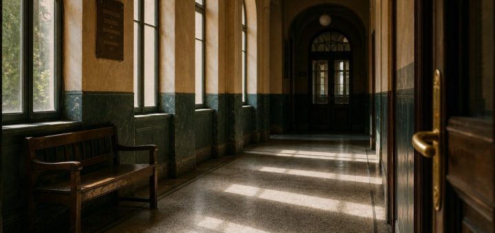 Early autumn morning light inside the wide stone corridor of a century old university building in Romania. Tall arched windows along one wall throw long, soft rectangles across a worn terrazzo floor. A simple wooden bench stands against the wall, its varnish rubbed thin by decades of use. A brass door handle catches a warm reflection. Dust drifts slowly through the quiet air. The palette stays muted: warm ochre plaster, cool grey stone, deep green painted wainscoting. Photographic, unhurried, human scale, shallow depth of field. Use balanced, natural contrast with a realistic tonal range. Preserve fine detail throughout the image, with smooth highlight roll-off, detailed shadows, balanced exposure, and natural, accurate colors.