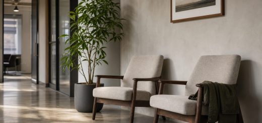 A quiet waiting area inside a modern office building on a weekday morning, photographed from a low, unhurried angle. Two simple upholstered chairs against a pale plaster wall, a small potted plant beside them, a polished concrete floor catching soft daylight from a tall window just out of frame. A folded jacket rests on the arm of one chair. Muted palette of warm grey, oatmeal and deep green. Empty, still, faintly hopeful. Shallow depth of field, gentle window light, an unoccupied and orderly space. Use balanced, natural contrast with a realistic tonal range. Preserve fine detail throughout the image, with smooth highlight roll-off, detailed shadows, balanced exposure, and natural, accurate colors.
