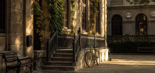 A quiet early September morning in the inner courtyard of an old Romanian university building. Warm low sunlight crosses worn stone steps and a row of tall arched windows. Ivy climbs one wall, still green but touched with the first dry edges of late summer. A single bicycle leans against a cast iron railing. Empty benches, long soft shadows on the paving. Calm, unhurried, slightly expectant. Photographic, shallow depth of field, muted warm palette. Use balanced, natural contrast with a realistic tonal range. Preserve fine detail throughout the image, with smooth highlight roll-off, detailed shadows, balanced exposure, and natural, accurate colors.