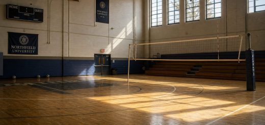 A quiet university sports hall photographed in late afternoon. Warm daylight enters through tall clerestory windows and falls in soft rectangles across a worn wooden floor with faded painted court lines. A volleyball net stands half lowered, a few balls rest against the wall, and wooden bleachers line one side in shadow. Fine dust hangs in the light. The mood is calm, ordinary and lived in, with the texture of old varnish, painted brick and metal window frames clearly visible. Use balanced, natural contrast with a realistic tonal range. Preserve fine detail throughout the image, with smooth highlight roll-off, detailed shadows, balanced exposure, and natural, accurate colors.