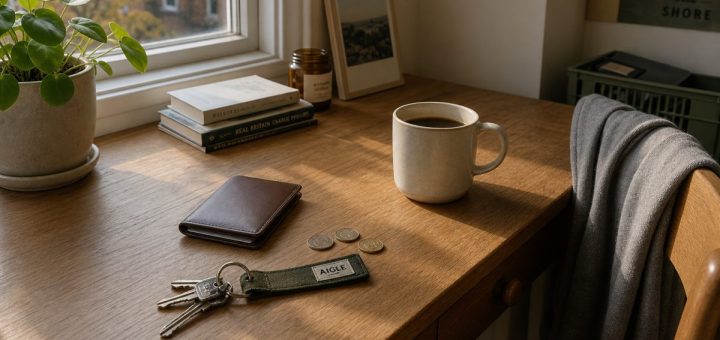 A quiet still life on a wooden desk beside a window in a rented student apartment, early autumn morning light across the surface. A slim closed leather card wallet rests near a plain ceramic mug of coffee, a few loose coins, and a set of keys on a fabric keyring; a folded grey jumper hangs over a simple chair. Warm neutral palette of oak, cream and muted olive, soft shadows, shallow depth of field, slightly elevated angle. Calm, ordinary, unstaged domestic atmosphere. Use balanced, natural contrast with a realistic tonal range. Preserve fine detail throughout the image, with smooth highlight roll-off, detailed shadows, balanced exposure, and natural, accurate colors.