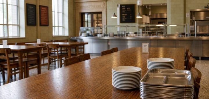 A warm, tidy university dining hall in late morning, seen from a low angle across a long wooden table. Simple white ceramic plates and stainless steel trays stacked neatly at one end, a stainless serving counter softly out of focus behind, tall windows on the left casting broad diffused daylight across the tabletop, pale green tiled wall, worn terrazzo floor. Warm neutral palette of oak, cream and soft steel grey. Documentary interior photography, wide aperture, calm and clean. Use balanced, natural contrast with a realistic tonal range. Preserve fine detail throughout the image, with smooth highlight roll-off, detailed shadows, balanced exposure, and natural, accurate colors.