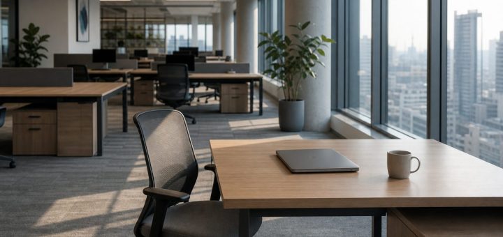 An empty modern open-plan office in early morning light, one chair pulled slightly away from a clean desk, a closed laptop and a plain ceramic mug on the surface, floor-to-ceiling windows on the right with a blurred city skyline, rows of identical desks receding into soft focus. Muted palette of pale grey, warm oak and desaturated blue. Architectural interior photography, natural daylight, quiet and slightly formal. Use balanced, natural contrast with a realistic tonal range. Preserve fine detail throughout the image, with smooth highlight roll-off, detailed shadows, balanced exposure, and natural, accurate colors.