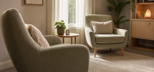 A quiet consulting room in soft afternoon light: two upholstered armchairs angled toward each other across a low side table holding a small potted plant, a plain wool rug between them, a tall window with sheer curtains diffusing the light. Warm muted palette of sand, sage green and pale wood. Interior photography, shallow depth of field on the nearer chair, calm and uncluttered. Use balanced, natural contrast with a realistic tonal range. Preserve fine detail throughout the image, with smooth highlight roll-off, detailed shadows, balanced exposure, and natural, accurate colors.