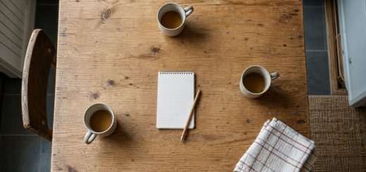 A shared student kitchen table photographed from directly above in soft daylight: three plain ceramic mugs placed at even distances, a small notepad and a pencil in the centre, a folded dish towel at the edge, worn light wood grain filling the frame. Balanced symmetrical composition, quiet domestic palette of cream, warm wood and muted terracotta. Overhead documentary photography, natural window light. Use balanced, natural contrast with a realistic tonal range. Preserve fine detail throughout the image, with smooth highlight roll-off, detailed shadows, balanced exposure, and natural, accurate colors.