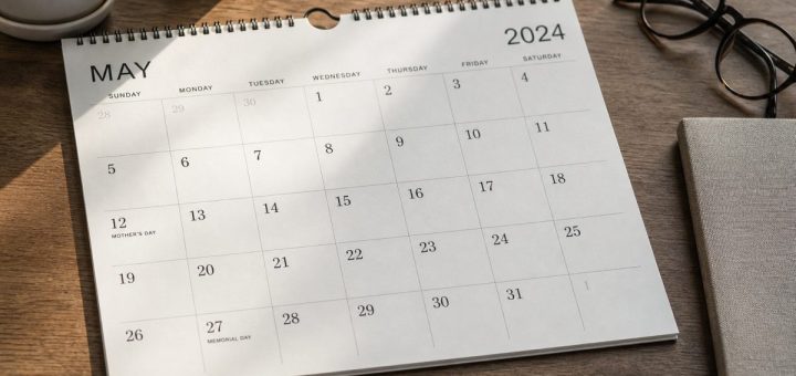 A wall calendar page lying flat on a desk beside a pair of reading glasses and a closed notebook, morning light raking across the paper from the left and picking out the grid of squares, the surrounding desk surface falling into soft shadow. Clean minimal composition, palette of paper white, warm grey and pale birch. Still-life photography, shallow depth of field, crisp and orderly. Use balanced, natural contrast with a realistic tonal range. Preserve fine detail throughout the image, with smooth highlight roll-off, detailed shadows, balanced exposure, and natural, accurate colors.