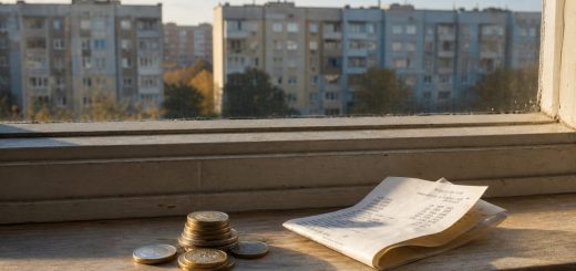 A small stack of coins and a folded paper receipt resting on a plain wooden windowsill, a blurred row of apartment blocks visible through the glass behind in soft late-afternoon light. Shallow depth of field on the coins, warm restrained palette of brass, cream and dusty blue. Documentary still-life photography, natural side light. Use balanced, natural contrast with a realistic tonal range. Preserve fine detail throughout the image, with smooth highlight roll-off, detailed shadows, balanced exposure, and natural, accurate colors.