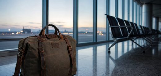 A worn leather-strapped travel bag standing on a polished airport terminal floor at dawn, tall glass walls behind reflecting pale blue morning light, an empty row of seats receding into soft focus. Cool restrained palette of slate, cognac leather and pale blue. Documentary photography, wide aperture, quiet and expectant. Use balanced, natural contrast with a realistic tonal range. Preserve fine detail throughout the image, with smooth highlight roll-off, detailed shadows, balanced exposure, and natural, accurate colors.