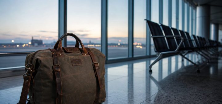 A worn leather-strapped travel bag standing on a polished airport terminal floor at dawn, tall glass walls behind reflecting pale blue morning light, an empty row of seats receding into soft focus. Cool restrained palette of slate, cognac leather and pale blue. Documentary photography, wide aperture, quiet and expectant. Use balanced, natural contrast with a realistic tonal range. Preserve fine detail throughout the image, with smooth highlight roll-off, detailed shadows, balanced exposure, and natural, accurate colors.