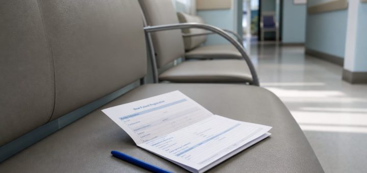 A folded paper form and a plain blue pen lying on a clinic waiting-room bench, soft daylight from a window out of frame falling across the seat, a corridor blurred in the background. Clean clinical palette of pale blue, white and warm grey. Documentary still-life photography, shallow depth of field, calm and matter-of-fact. Use balanced, natural contrast with a realistic tonal range. Preserve fine detail throughout the image, with smooth highlight roll-off, detailed shadows, balanced exposure, and natural, accurate colors.