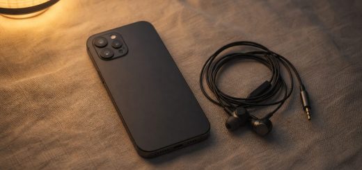 A smartphone placed face down on a plain fabric surface next to a pair of wired earphones coiled loosely, soft evening lamp light from the upper left, the rest of the surface falling gently into shadow. Minimal composition, warm restrained palette of charcoal, oatmeal and amber. Still-life photography, shallow depth of field, quiet and domestic. Use balanced, natural contrast with a realistic tonal range. Preserve fine detail throughout the image, with smooth highlight roll-off, detailed shadows, balanced exposure, and natural, accurate colors.