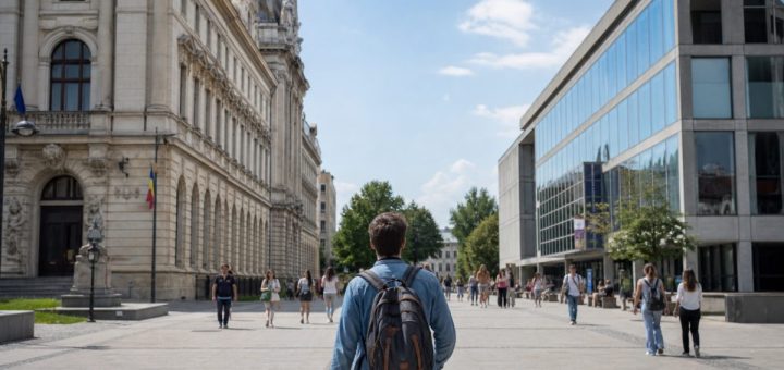 A young Romanian student with a backpack walking across a wide campus plaza between two university buildings of contrasting architecture, one historic and one modern, bright midday light, other students moving in the background, a sense of transition and decision. Candid reportage photography. Use balanced, natural contrast with a realistic tonal range. Preserve fine detail throughout the image, with smooth highlight roll-off, detailed shadows, balanced exposure, and natural, accurate colors.