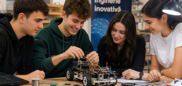 A team of enthusiastic young Romanian students gathered around a workbench in a bright university workshop, assembling a small robot together, one of them grinning as a part clicks into place, warm practical lighting, tools and coloured cables spread across the bench. Candid reportage photography. Use balanced, natural contrast with a realistic tonal range. Preserve fine detail throughout the image, with smooth highlight roll-off, detailed shadows, balanced exposure, and natural, accurate colors.