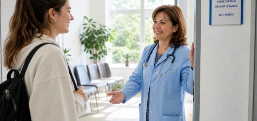A friendly Romanian family doctor in a light blue coat welcoming a young female student at the doorway of a bright modern clinic waiting room, both smiling warmly, soft daylight through a large window, potted plants and simple chairs along the wall. Candid reportage photography, natural skin tones. Use balanced, natural contrast with a realistic tonal range. Preserve fine detail throughout the image, with smooth highlight roll-off, detailed shadows, balanced exposure, and natural, accurate colors.