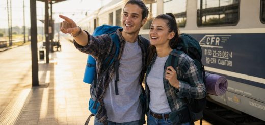 Two happy Romanian students with travel backpacks standing on a sunlit European railway platform, one pointing ahead while the other laughs, a modern intercity train alongside them, warm morning light and long shadows, a clear sense of departure. Candid reportage photography. Use balanced, natural contrast with a realistic tonal range. Preserve fine detail throughout the image, with smooth highlight roll-off, detailed shadows, balanced exposure, and natural, accurate colors.