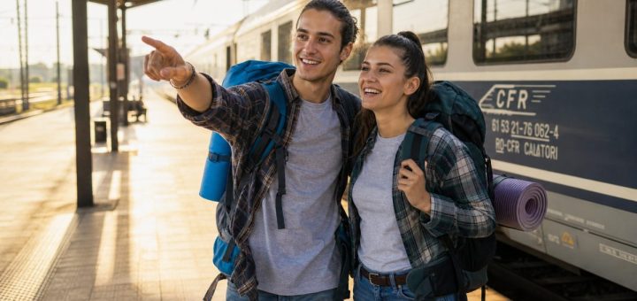 Two happy Romanian students with travel backpacks standing on a sunlit European railway platform, one pointing ahead while the other laughs, a modern intercity train alongside them, warm morning light and long shadows, a clear sense of departure. Candid reportage photography. Use balanced, natural contrast with a realistic tonal range. Preserve fine detail throughout the image, with smooth highlight roll-off, detailed shadows, balanced exposure, and natural, accurate colors.