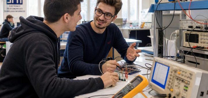 Romanian engineering students working together at a bench in a bright university laboratory with electronic measuring equipment, one explaining something to another with an animated gesture, both engaged and cheerful, clean daylight from tall windows, cables and instruments across the bench. Candid reportage photography. Use balanced, natural contrast with a realistic tonal range. Preserve fine detail throughout the image, with smooth highlight roll-off, detailed shadows, balanced exposure, and natural, accurate colors.