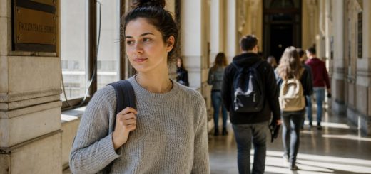 A young Romanian woman student pausing in a sunlit university corridor with a backpack over one shoulder, a quiet thoughtful expression, other students walking past in soft focus, tall arched windows casting long patches of light across a stone floor. Candid reportage photography, natural skin tones. Use balanced, natural contrast with a realistic tonal range. Preserve fine detail throughout the image, with smooth highlight roll-off, detailed shadows, balanced exposure, and natural, accurate colors.