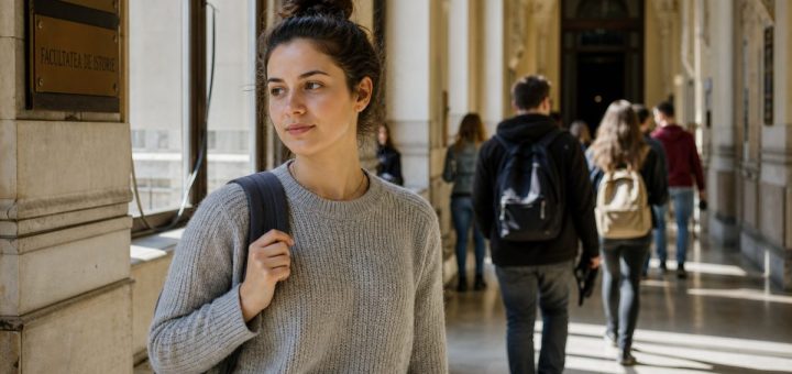 A young Romanian woman student pausing in a sunlit university corridor with a backpack over one shoulder, a quiet thoughtful expression, other students walking past in soft focus, tall arched windows casting long patches of light across a stone floor. Candid reportage photography, natural skin tones. Use balanced, natural contrast with a realistic tonal range. Preserve fine detail throughout the image, with smooth highlight roll-off, detailed shadows, balanced exposure, and natural, accurate colors.