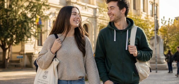 Candid reportage photograph of two cheerful Romanian university students in their early twenties walking side by side across a sunlit campus courtyard on a clear early autumn afternoon, canvas backpacks over one shoulder, laughing while they talk, historic university architecture with stone columns and tall arched windows softly blurred in the background, golden late afternoon light, shallow depth of field. Use balanced, natural contrast with a realistic tonal range. Preserve fine detail throughout the image, with smooth highlight roll-off, detailed shadows, balanced exposure, and natural, accurate colors.