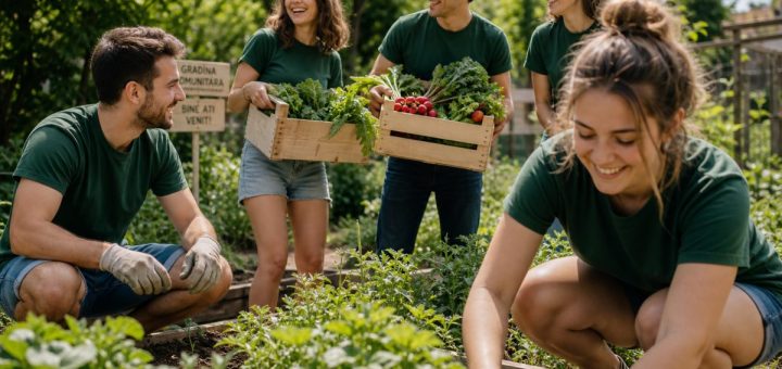 Candid reportage photograph of a group of five smiling young Romanian volunteers in their early twenties wearing plain matching cotton t-shirts, working together outdoors in a green community garden on a bright summer morning, carrying wooden crates of fresh vegetables and planting seedlings, warm natural sunlight filtering through leafy trees, genuine laughter and easy teamwork, shallow depth of field. Use balanced, natural contrast with a realistic tonal range. Preserve fine detail throughout the image, with smooth highlight roll-off, detailed shadows, balanced exposure, and natural, accurate colors.
