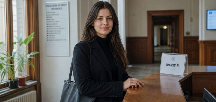 Candid reportage photograph of a calm and confident young Romanian woman student in her early twenties standing at a polished wooden reception counter in a bright university administrative hallway, hands resting lightly on the counter, composed and self assured expression, tall windows on the left letting in soft diffused daylight, warm wood panelling and pale walls receding behind her, shallow depth of field. Use balanced, natural contrast with a realistic tonal range. Preserve fine detail throughout the image, with smooth highlight roll-off, detailed shadows, balanced exposure, and natural, accurate colors.