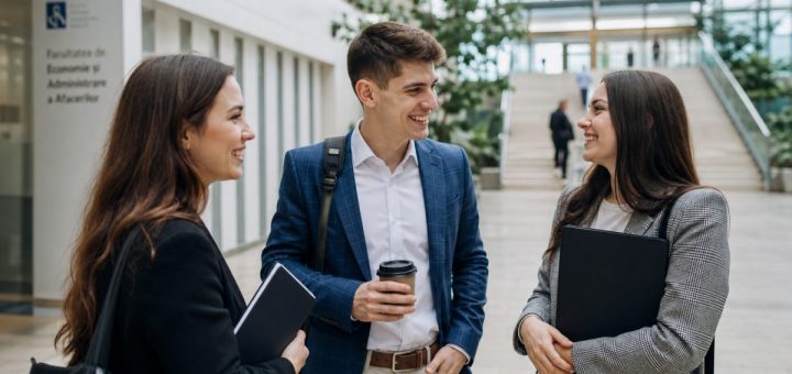 Candid reportage photograph of three cheerful Romanian students in their early twenties, dressed in smart casual business attire, standing together and talking in a bright modern university atrium with a glass wall and a pale stone floor, soft natural daylight pouring in from above, a wide staircase and green potted plants softly blurred behind them, relaxed confident body language, shallow depth of field. Use balanced, natural contrast with a realistic tonal range. Preserve fine detail throughout the image, with smooth highlight roll-off, detailed shadows, balanced exposure, and natural, accurate colors.
