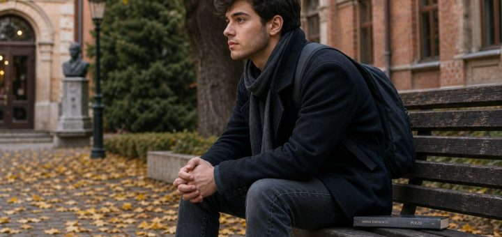 Candid reportage photograph of a thoughtful young Romanian man in his early twenties sitting alone on a weathered wooden bench in a quiet university courtyard on a calm autumn afternoon, elbows on his knees, looking into the middle distance with a considered expression, scattered golden leaves on the paving stones, mature trees and warm brick facades gently blurred behind him, soft even overcast light. Use balanced, natural contrast with a realistic tonal range. Preserve fine detail throughout the image, with smooth highlight roll-off, detailed shadows, balanced exposure, and natural, accurate colors.