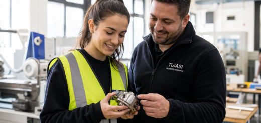 Candid reportage photograph of a smiling young Romanian woman student in her early twenties wearing a light high visibility vest, standing beside a friendly experienced colleague in a bright modern engineering workshop, both looking at a small mechanical assembly she is holding, large industrial windows flooding the space with clean daylight, tidy workbenches and machinery softly blurred behind them, shallow depth of field. Use balanced, natural contrast with a realistic tonal range. Preserve fine detail throughout the image, with smooth highlight roll-off, detailed shadows, balanced exposure, and natural, accurate colors.