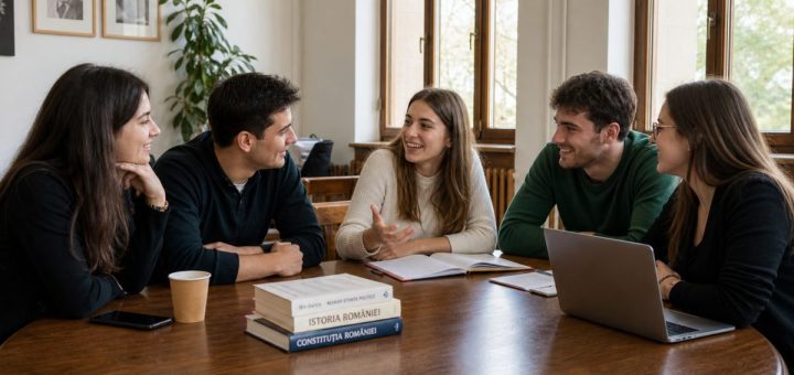 Candid reportage photograph of five cheerful Romanian university students in their early twenties seated around a large oval wooden table in a bright university meeting room, leaning in and talking animatedly, one gesturing while the others listen and smile, tall windows behind them letting in soft even daylight, pale walls and simple wooden chairs, warm collegial atmosphere, shallow depth of field. Use balanced, natural contrast with a realistic tonal range. Preserve fine detail throughout the image, with smooth highlight roll-off, detailed shadows, balanced exposure, and natural, accurate colors.