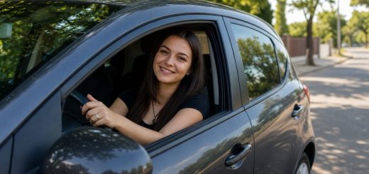 Candid reportage photograph of a happy young Romanian woman in her early twenties sitting in the driver seat of a small modern hatchback, both hands resting on the steering wheel, smiling warmly through the open driver window, seen from just outside the car on a quiet sunlit suburban street lined with green trees, dappled morning light on the car body, shallow depth of field. Use balanced, natural contrast with a realistic tonal range. Preserve fine detail throughout the image, with smooth highlight roll-off, detailed shadows, balanced exposure, and natural, accurate colors.