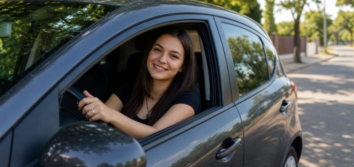 Candid reportage photograph of a happy young Romanian woman in her early twenties sitting in the driver seat of a small modern hatchback, both hands resting on the steering wheel, smiling warmly through the open driver window, seen from just outside the car on a quiet sunlit suburban street lined with green trees, dappled morning light on the car body, shallow depth of field. Use balanced, natural contrast with a realistic tonal range. Preserve fine detail throughout the image, with smooth highlight roll-off, detailed shadows, balanced exposure, and natural, accurate colors.