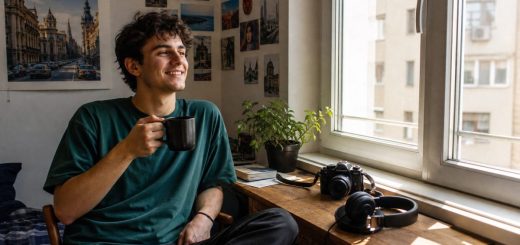 Candid reportage photograph of a cheerful young Romanian man in his early twenties sitting at a small wooden desk in a sunlit corner of a modest apartment, leaning back in a simple chair with a warm mug of coffee in one hand and a relaxed satisfied smile, a camera and over ear headphones resting on the desk beside a small potted plant, a large window on his right filling the room with soft morning light, shallow depth of field. Use balanced, natural contrast with a realistic tonal range. Preserve fine detail throughout the image, with smooth highlight roll-off, detailed shadows, balanced exposure, and natural, accurate colors.