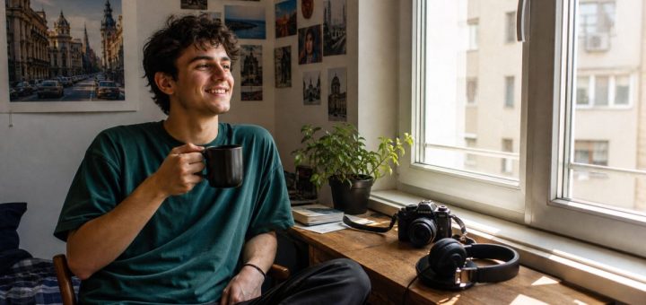 Candid reportage photograph of a cheerful young Romanian man in his early twenties sitting at a small wooden desk in a sunlit corner of a modest apartment, leaning back in a simple chair with a warm mug of coffee in one hand and a relaxed satisfied smile, a camera and over ear headphones resting on the desk beside a small potted plant, a large window on his right filling the room with soft morning light, shallow depth of field. Use balanced, natural contrast with a realistic tonal range. Preserve fine detail throughout the image, with smooth highlight roll-off, detailed shadows, balanced exposure, and natural, accurate colors.