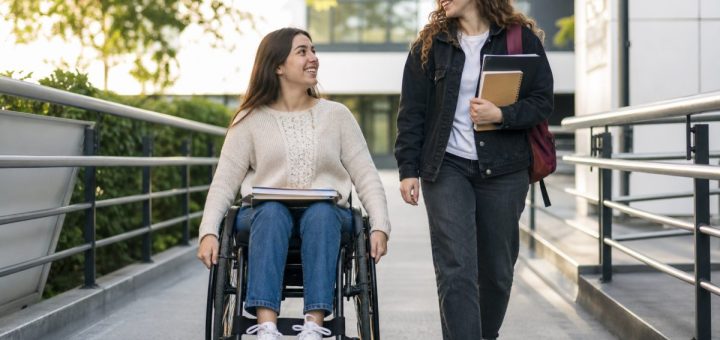 Candid reportage photograph of a cheerful young Romanian woman student in her early twenties using a modern wheelchair, chatting and laughing with a friendly classmate beside her as they move along a wide accessible ramp outside a bright university building, warm morning sunlight, greenery and clean modern architecture softly blurred behind them, shallow depth of field. Use balanced, natural contrast with a realistic tonal range. Preserve fine detail throughout the image, with smooth highlight roll-off, detailed shadows, balanced exposure, and natural, accurate colors.