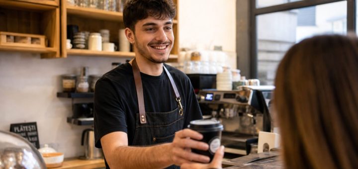 Candid reportage photograph of a happy young Romanian man student in his early twenties working behind the counter of a warm modern coffee shop, wearing a simple apron, smiling as he hands a cup to a customer, soft afternoon light through large windows, wooden surfaces and warm tones softly blurred behind him, shallow depth of field. Use balanced, natural contrast with a realistic tonal range. Preserve fine detail throughout the image, with smooth highlight roll-off, detailed shadows, balanced exposure, and natural, accurate colors.
