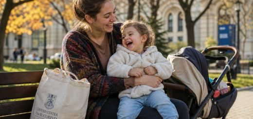 Candid reportage photograph of a happy young Romanian woman student in her mid twenties sitting on a park bench near a university campus with her toddler on her lap, both laughing together in warm late afternoon sunlight, canvas bag beside her, autumn trees and a stroller softly blurred in the background, shallow depth of field. Use balanced, natural contrast with a realistic tonal range. Preserve fine detail throughout the image, with smooth highlight roll-off, detailed shadows, balanced exposure, and natural, accurate colors.