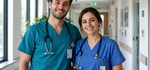 Candid reportage photograph of two cheerful young Romanian doctors in their late twenties wearing clean scrubs, standing together and smiling in a bright modern hospital corridor, stethoscopes around their necks, soft natural light from tall windows, calm clinical surroundings softly blurred behind them, shallow depth of field. Use balanced, natural contrast with a realistic tonal range. Preserve fine detail throughout the image, with smooth highlight roll-off, detailed shadows, balanced exposure, and natural, accurate colors.