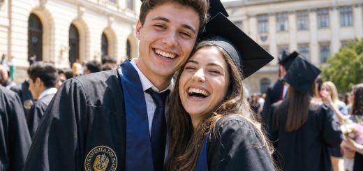 Candid reportage photograph of two cheerful young Romanian graduates in their early twenties wearing dark academic gowns and graduation caps, hugging and laughing together outdoors in front of a historic university facade, bright late morning sunlight, other celebrating graduates softly blurred in the background, shallow depth of field. Use balanced, natural contrast with a realistic tonal range. Preserve fine detail throughout the image, with smooth highlight roll-off, detailed shadows, balanced exposure, and natural, accurate colors.