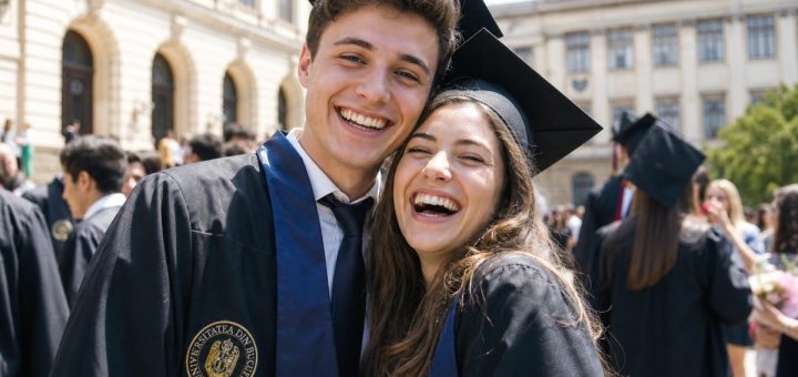 Candid reportage photograph of two cheerful young Romanian graduates in their early twenties wearing dark academic gowns and graduation caps, hugging and laughing together outdoors in front of a historic university facade, bright late morning sunlight, other celebrating graduates softly blurred in the background, shallow depth of field. Use balanced, natural contrast with a realistic tonal range. Preserve fine detail throughout the image, with smooth highlight roll-off, detailed shadows, balanced exposure, and natural, accurate colors.