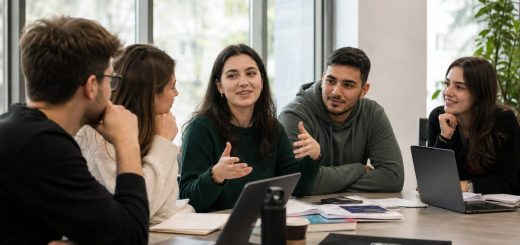 Candid reportage photograph of a group of five engaged Romanian university students in their early twenties seated around a long table in a bright meeting room, one young woman speaking confidently with a warm smile while the others listen and nod, tall windows with soft daylight behind them, shallow depth of field. Use balanced, natural contrast with a realistic tonal range. Preserve fine detail throughout the image, with smooth highlight roll-off, detailed shadows, balanced exposure, and natural, accurate colors.