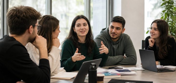 Candid reportage photograph of a group of five engaged Romanian university students in their early twenties seated around a long table in a bright meeting room, one young woman speaking confidently with a warm smile while the others listen and nod, tall windows with soft daylight behind them, shallow depth of field. Use balanced, natural contrast with a realistic tonal range. Preserve fine detail throughout the image, with smooth highlight roll-off, detailed shadows, balanced exposure, and natural, accurate colors.